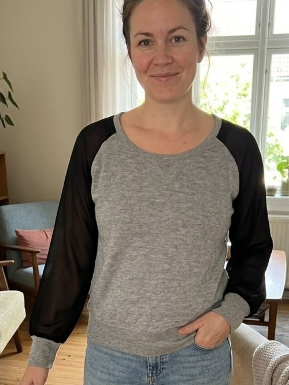 William Rast Grey Bodice Sweatshirt with Black Sheer Raglan Sleeves